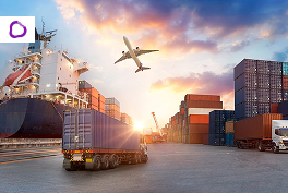 Imagem de diferentes tipos de meios de transporte num porto em tons azuis.