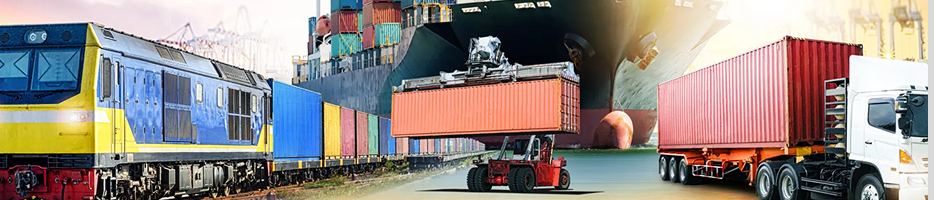 Imagem de diferentes tipos de meios de transporte num porto em tons azuis e laranja.