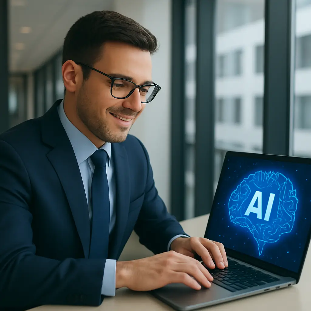 Imagem de homem de terno azul usando o IA em seu notebook