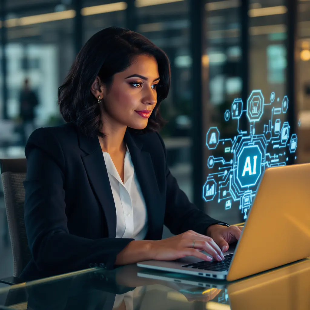 Imagem de executiva usando IA num notebook